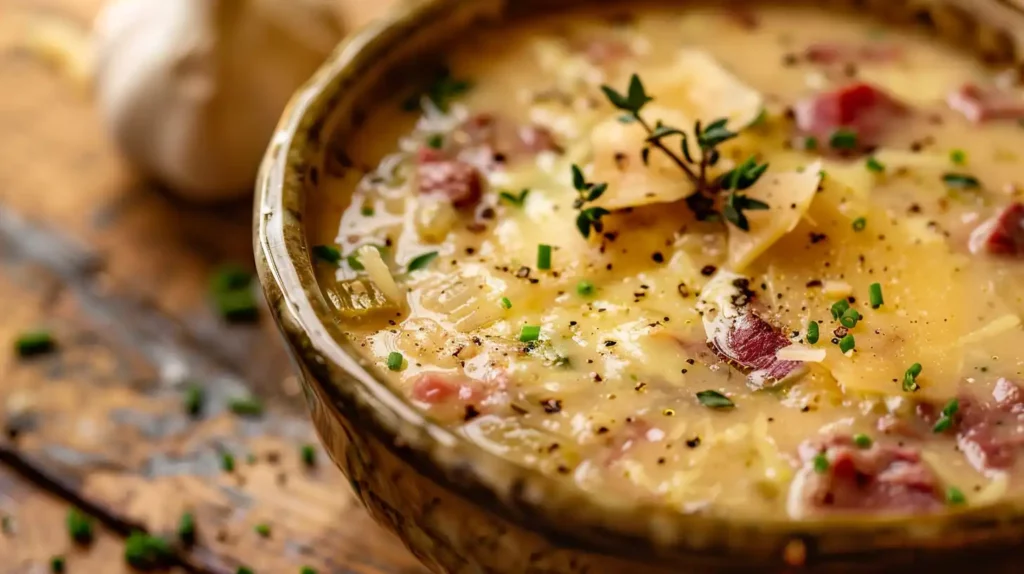 Creamy Reuben Soup in a rustic bowl with melted cheese and corned beef