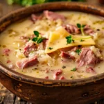 A mouthwatering bowl of Creamy Reuben Soup made with shredded corned beef, sauerkraut, cheese, and a rich, creamy broth &ndash; the ultimate comfort food for any season.