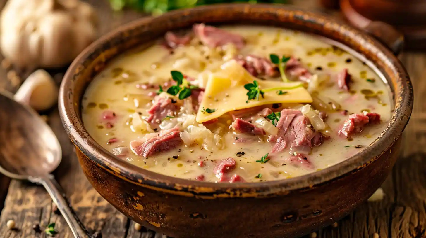 A mouthwatering bowl of Creamy Reuben Soup made with shredded corned beef, sauerkraut, cheese, and a rich, creamy broth – the ultimate comfort food for any season.