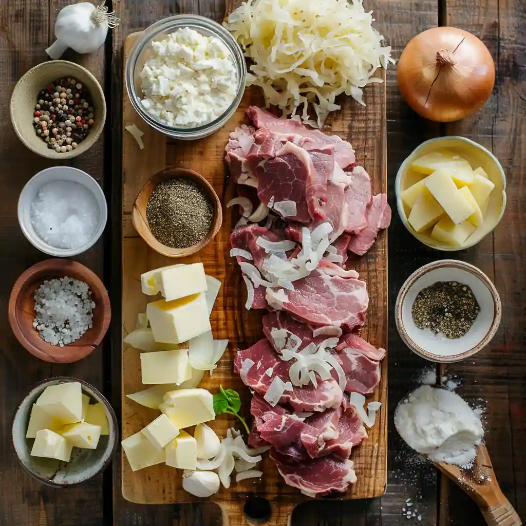 Creamy Reuben Soup ingredients including corned beef, cheese, and sauerkraut