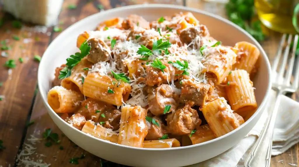 Creamy Sausage Rigatoni pasta with rich Parmesan sauce