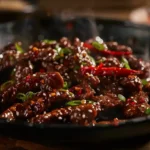 Crispy Chilli Beef stir-fried with red chilies and sesame seeds