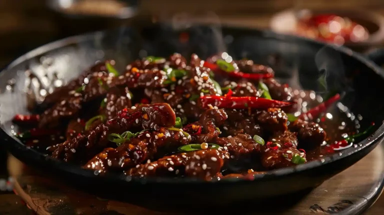 Crispy Chilli Beef stir-fried with red chilies and sesame seeds