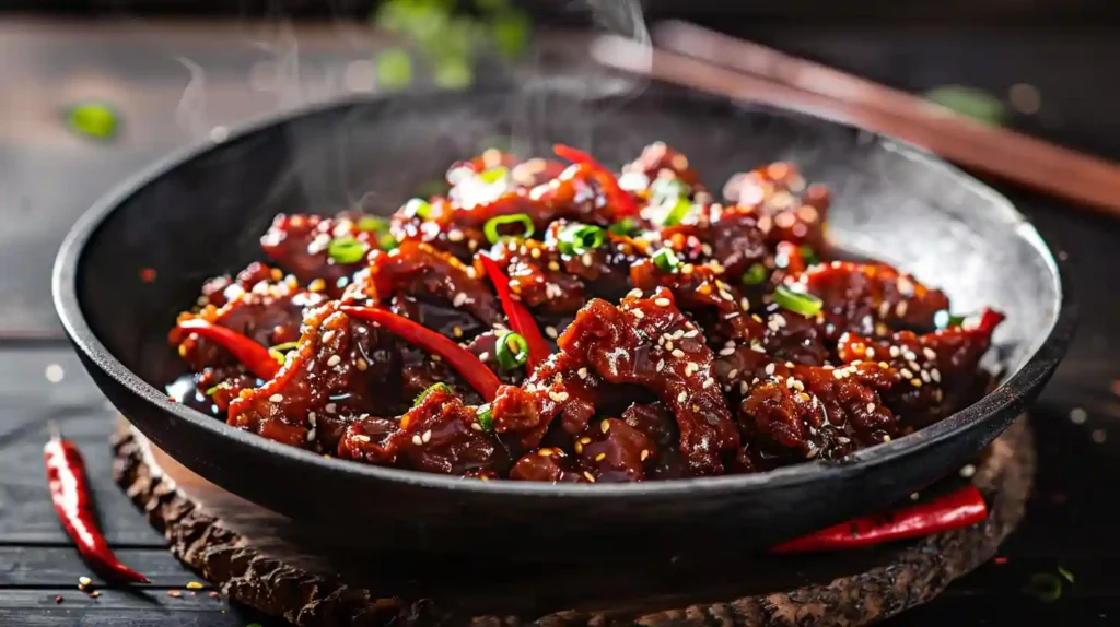 Crispy Chilli Beef in black bowl with spicy sauce and scallions