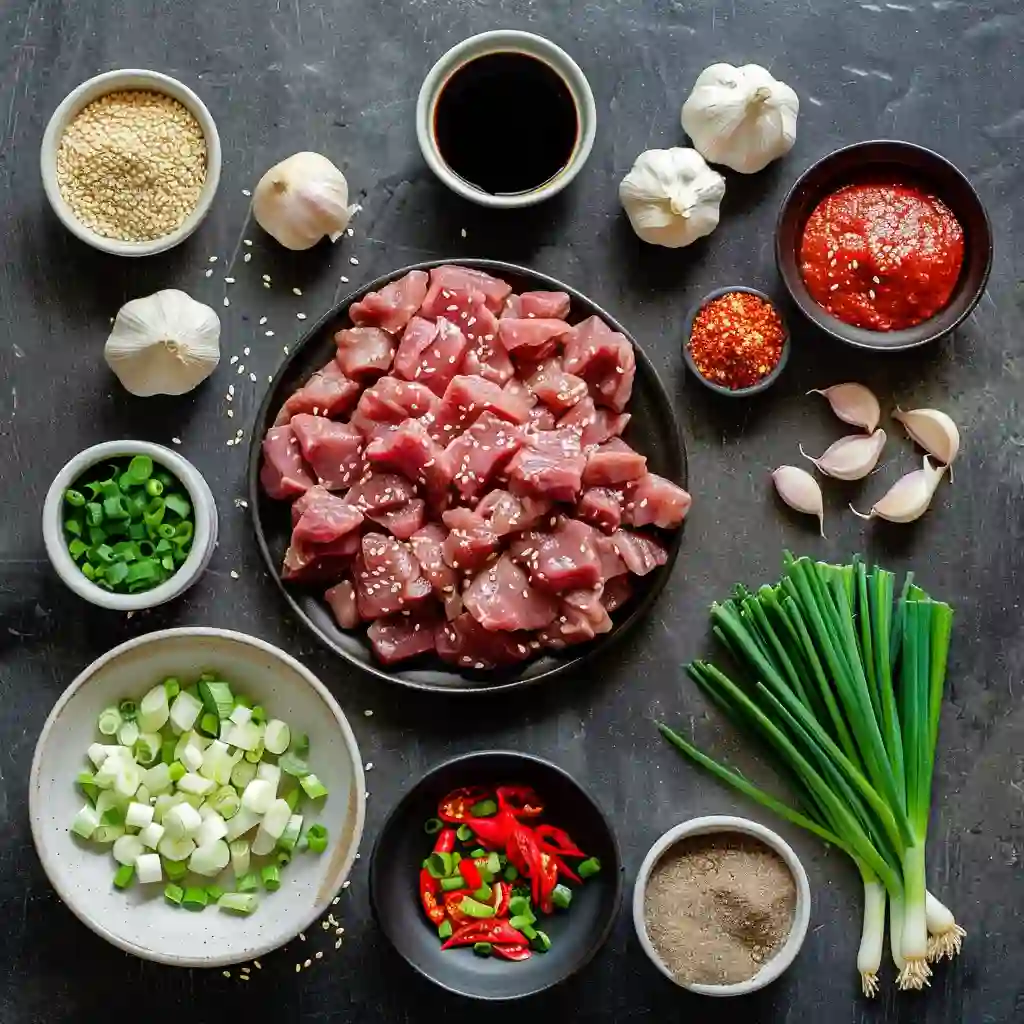 Ingredients for Crispy Chilli Beef including beef, scallions, garlic, and chili sauce