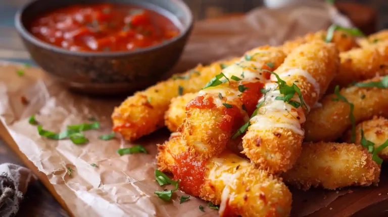 Crispy Homemade Mozzarella Sticks stacked with melted cheese and sauce