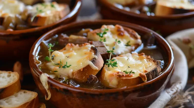French Onion Short Rib Soup with Gruyère cheese and baguette slices