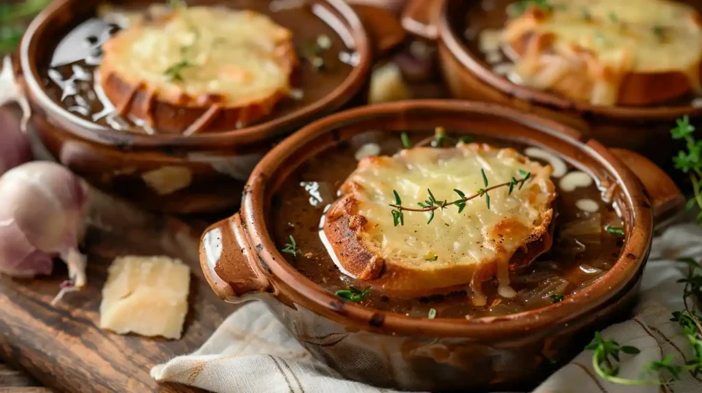 French Onion Short Rib Soup in rustic bowls with thyme and cheese