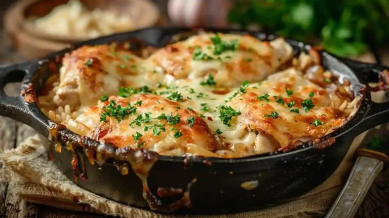 Baked French onion chicken rice with melted cheese in cast iron