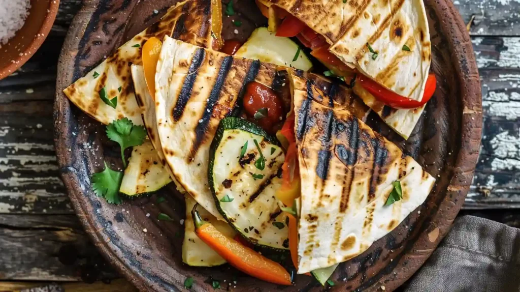 Grilled Mediterranean Veggie Quesadillas stacked and served on a rustic plate