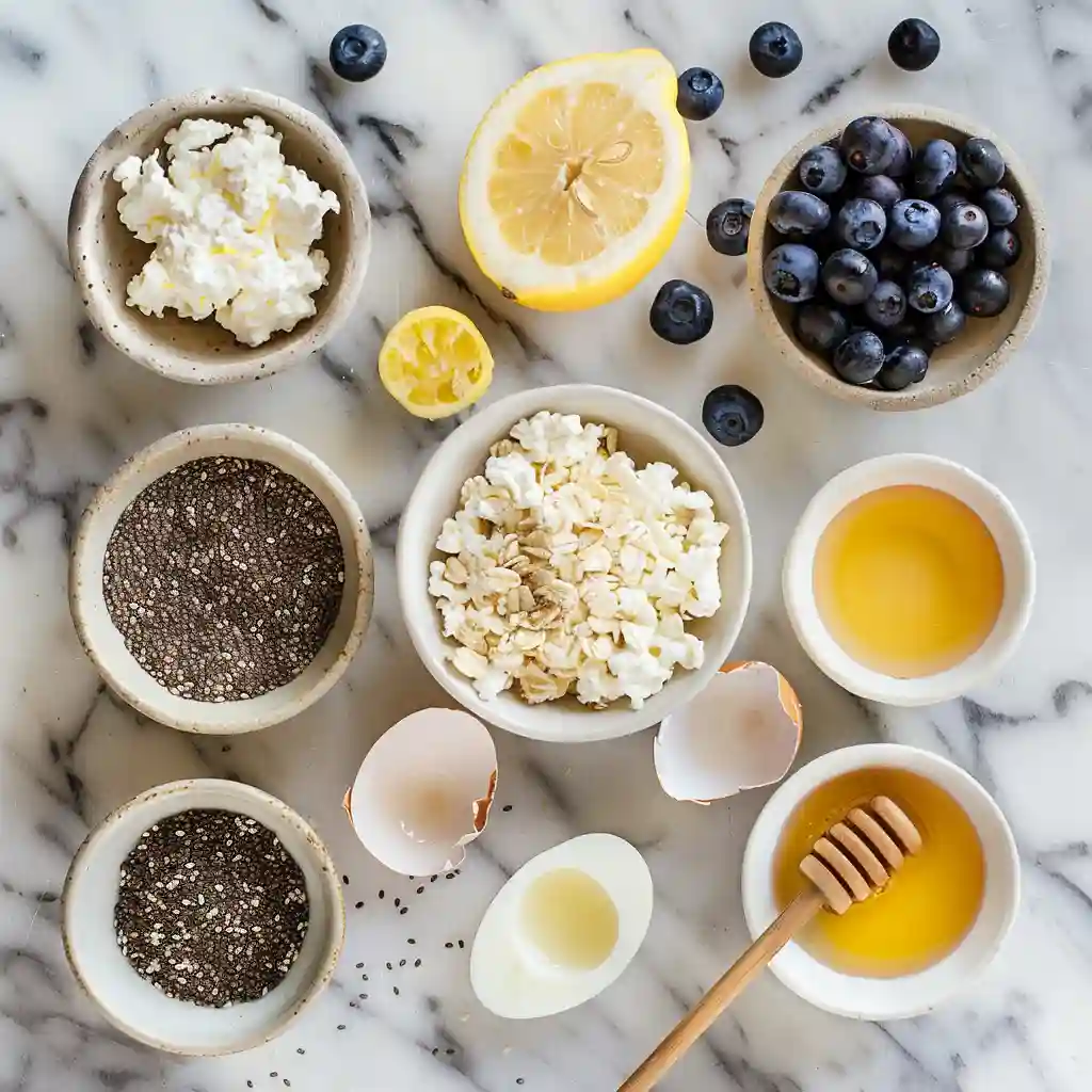 Ingredients for Lemon Blueberry Cottage Cheese Protein Bites on marble