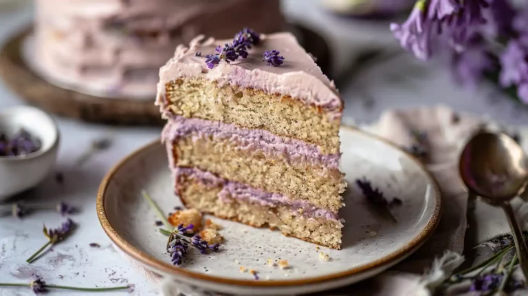 : London Fog cake slice with lavender cream cheese frosting on ceramic plate