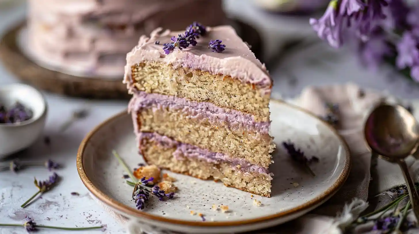 : London Fog cake slice with lavender cream cheese frosting on ceramic plate