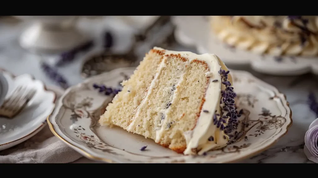 London fogg cake with lavender cream cheese frosting slice with floral decor and creamy lavender frosting