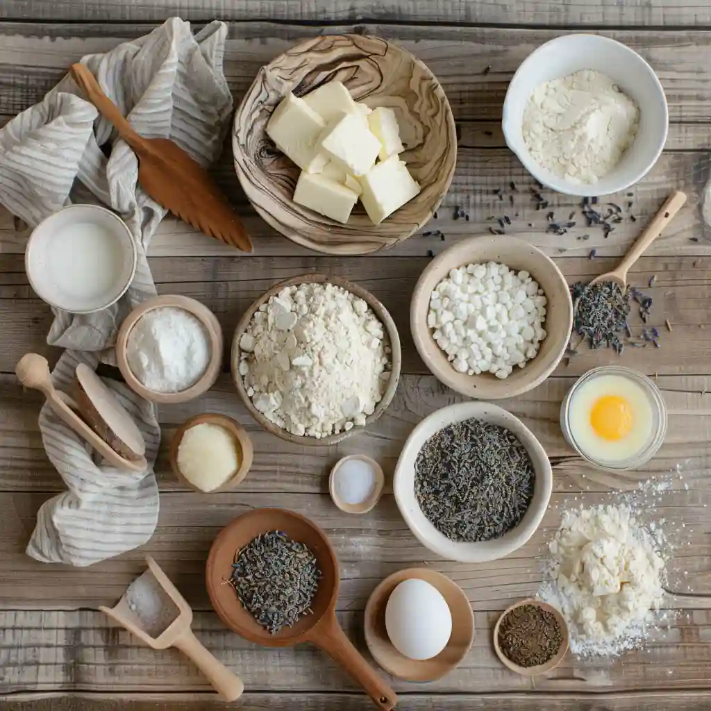 Ingredients for London Fog cake with lavender cream cheese frosting