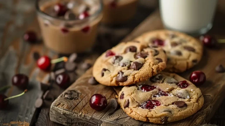 Maraschino Cherry Chocolate Chip Cookies in a wooden plate