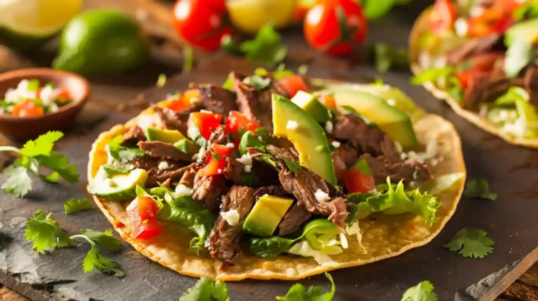 Mexican Tostadas de Carne Asada with fresh avocado and grilled beef