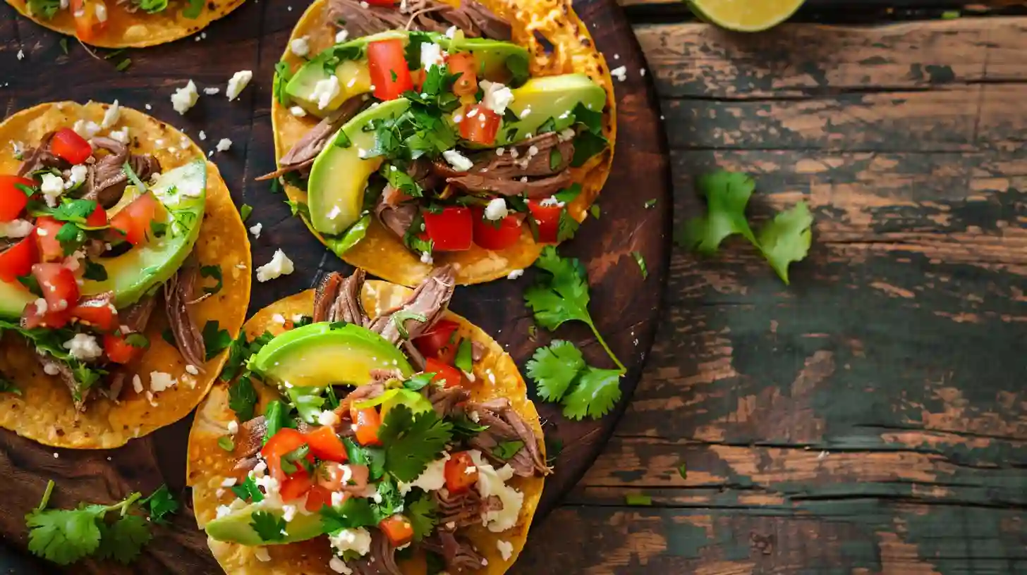 Plated Mexican Tostadas de Carne Asada with cilantro and lime