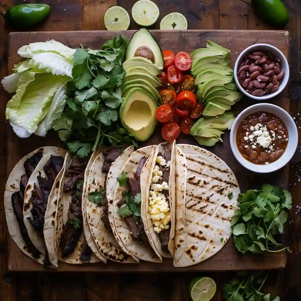 Mexican Tostadas de Carne Asada with fresh ingredients and tortillas