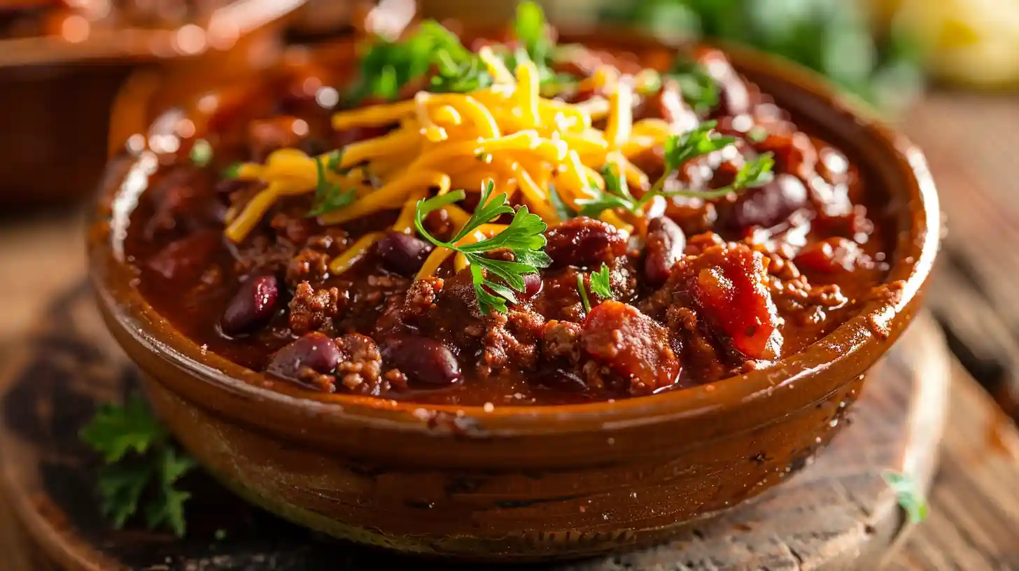 the Pioneer women chili with shredded cheddar and kidney beans in a bowl