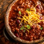 Rustic Pioneer Woman Chili in a ceramic bowl with cheddar topping