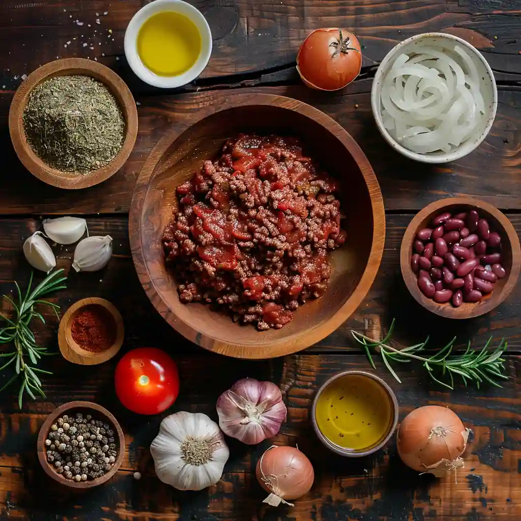 Ingredients for Pioneer Woman Chili including ground beef, onions, garlic, and spices