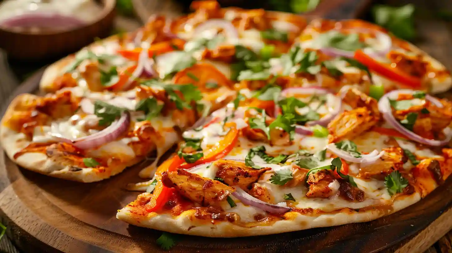 Tandoori Chicken Naan Pizza on wooden board