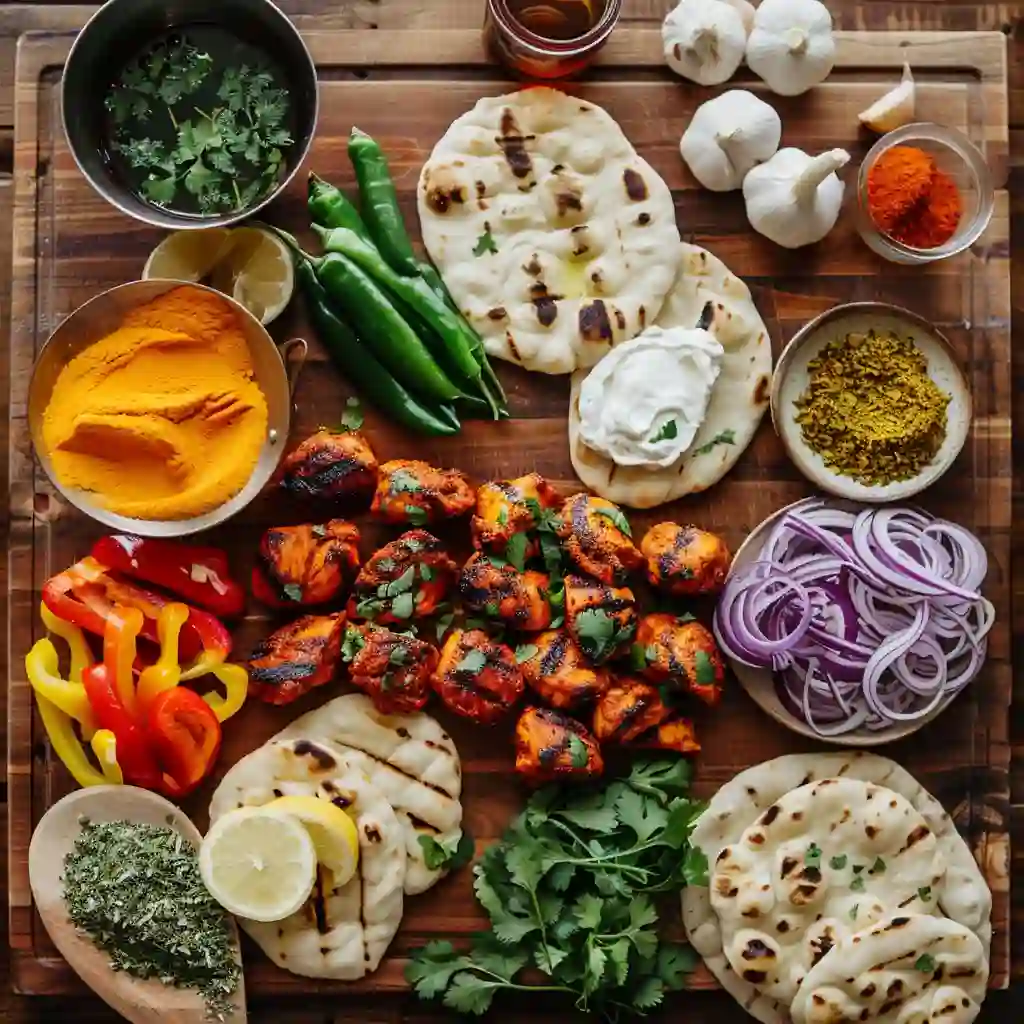 Ingredients for Tandoori Chicken Naan Pizza flat lay