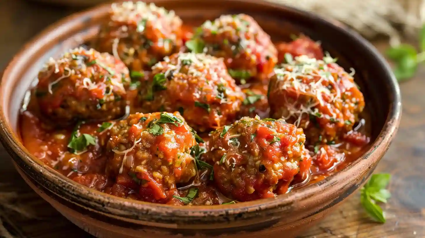 Tender Ricotta Meatballs in rich tomato sauce with basil