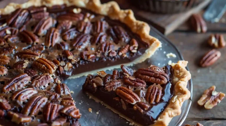 Texas Chocolate Pecan Pie slice with glossy chocolate filling