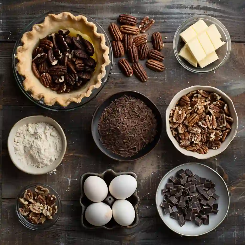 Ingredients for Texas Chocolate Pecan Pie on rustic wooden background