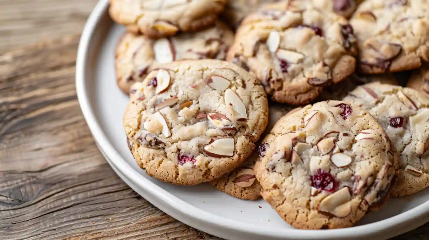 Almond cherry cookies with sliced almonds and dried cherries on a plate