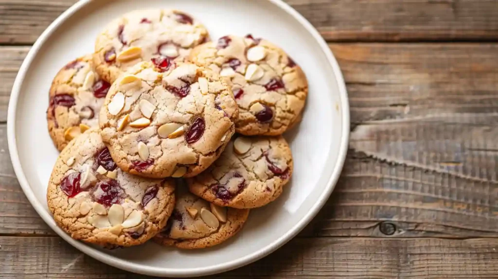 Close-up of almond cherry cookies arranged on a rustic white plate