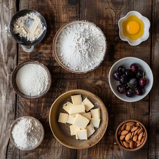 Baking ingredients for almond cherry cookies including butter, flour, cherries, and almonds