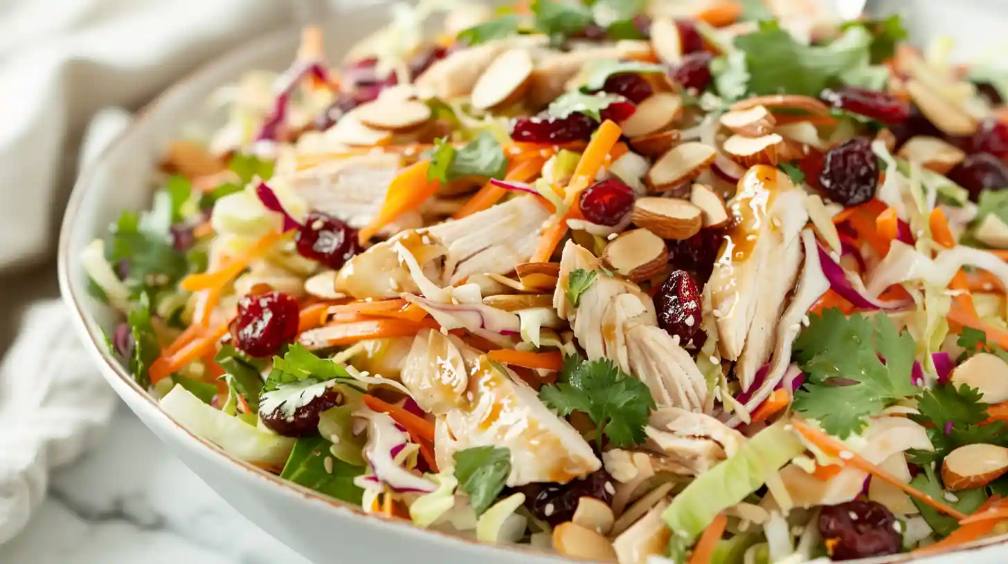 Asian Chicken Cranberry Salad with almonds and shredded vegetables