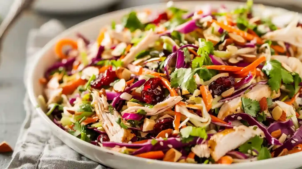 Asian Chicken Cranberry Salad with purple cabbage and sesame seeds