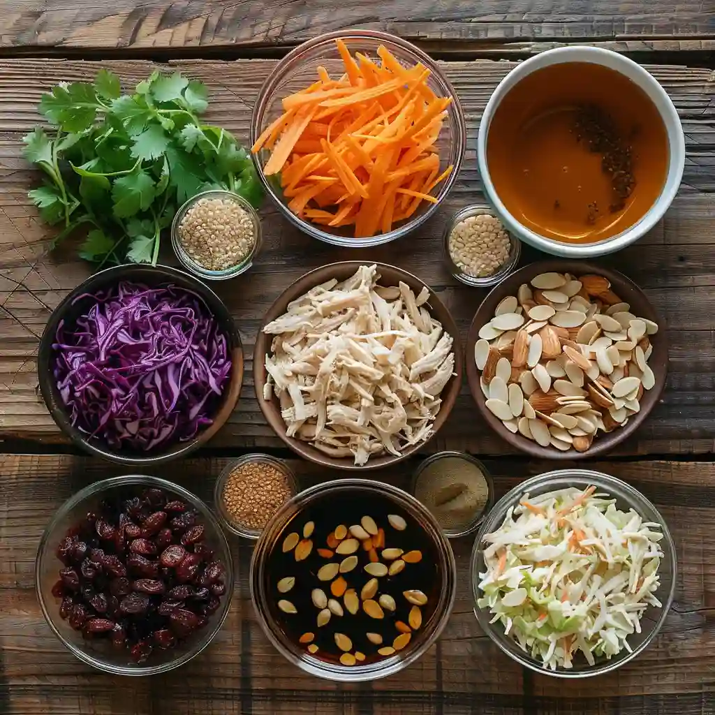 Asian Chicken Cranberry Salad ingredients on wooden surface