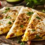Bacon Egg Cheese Breakfast Quesadillas with crispy tortilla and melted cheese