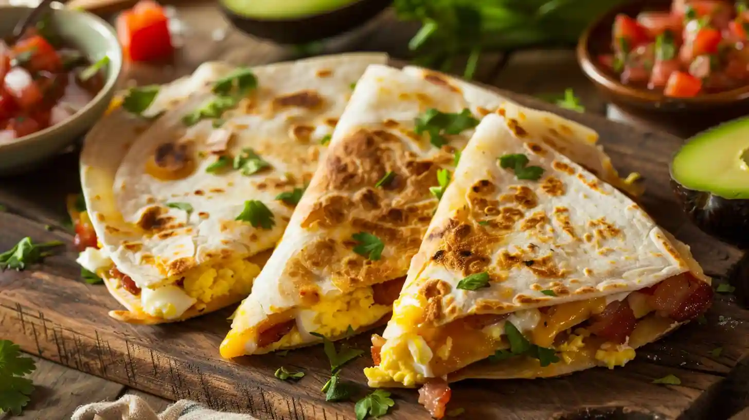 Bacon Egg Cheese Breakfast Quesadillas with crispy tortilla and melted cheese