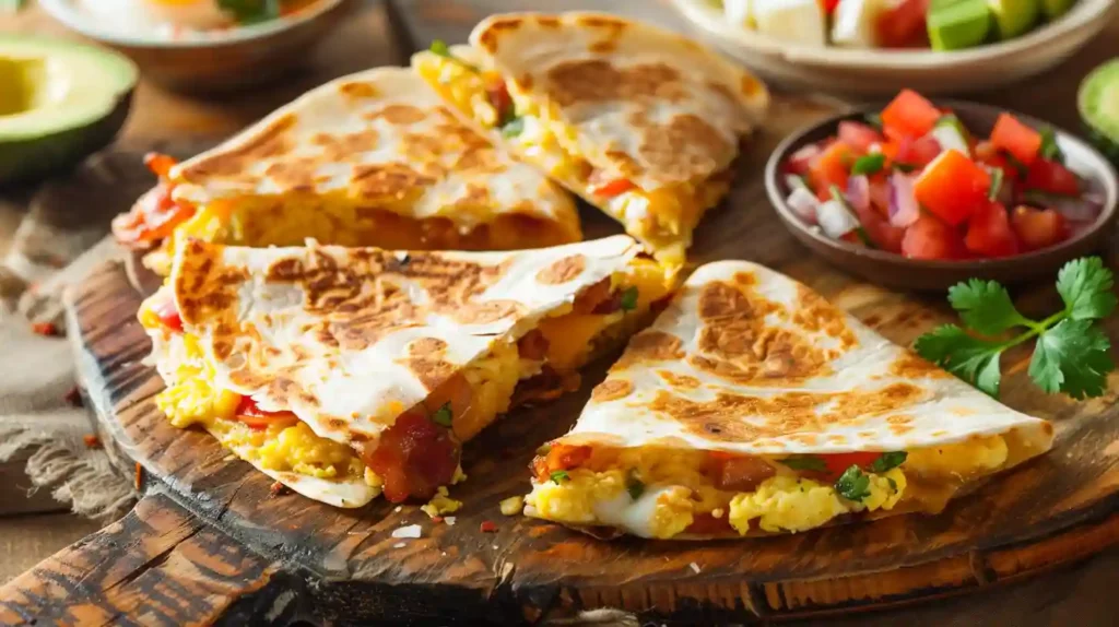 Close-up of golden Bacon Egg Cheese Breakfast Quesadillas on wooden board