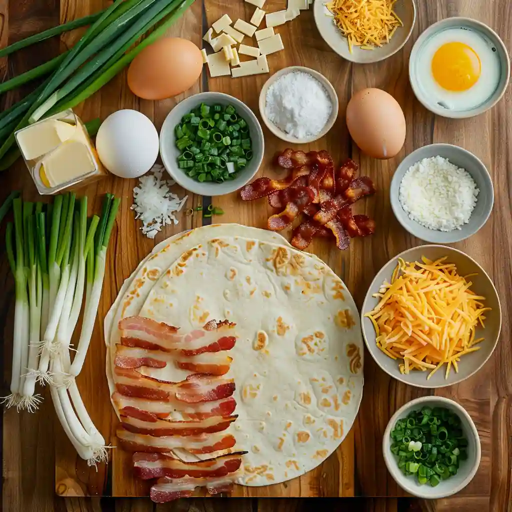 Ingredients for Bacon Egg Cheese Breakfast Quesadillas including tortillas, eggs, bacon, and cheese