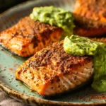 Baked Cajun salmon with avocado lime topping on ceramic plate