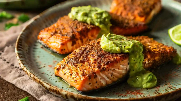 Baked Cajun salmon with avocado lime topping on ceramic plate