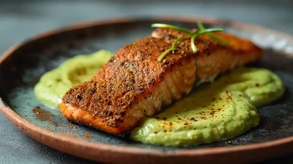 Baked Cajun salmon fillet served with creamy avocado lime sauce