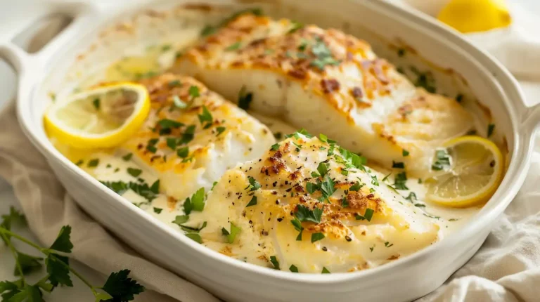 Close-up of baked cod fillets in coconut lemon cream sauce