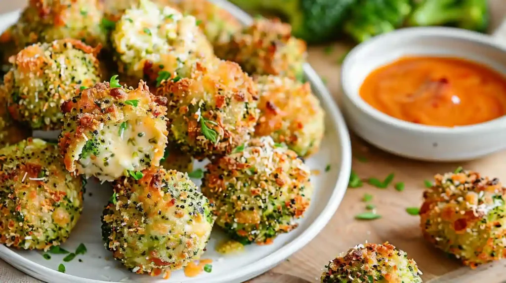 Baked Broccoli Cheese Balls served with dipping sauce