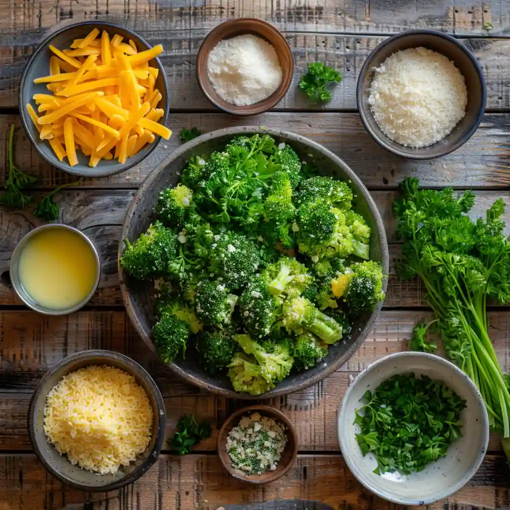 Ingredients for Baked Broccoli Cheese Balls arranged on a rustic table