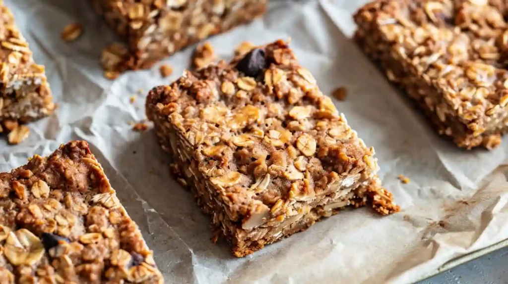 Energizing Banana Oatmeal Bars with oats and spices on parchment paper