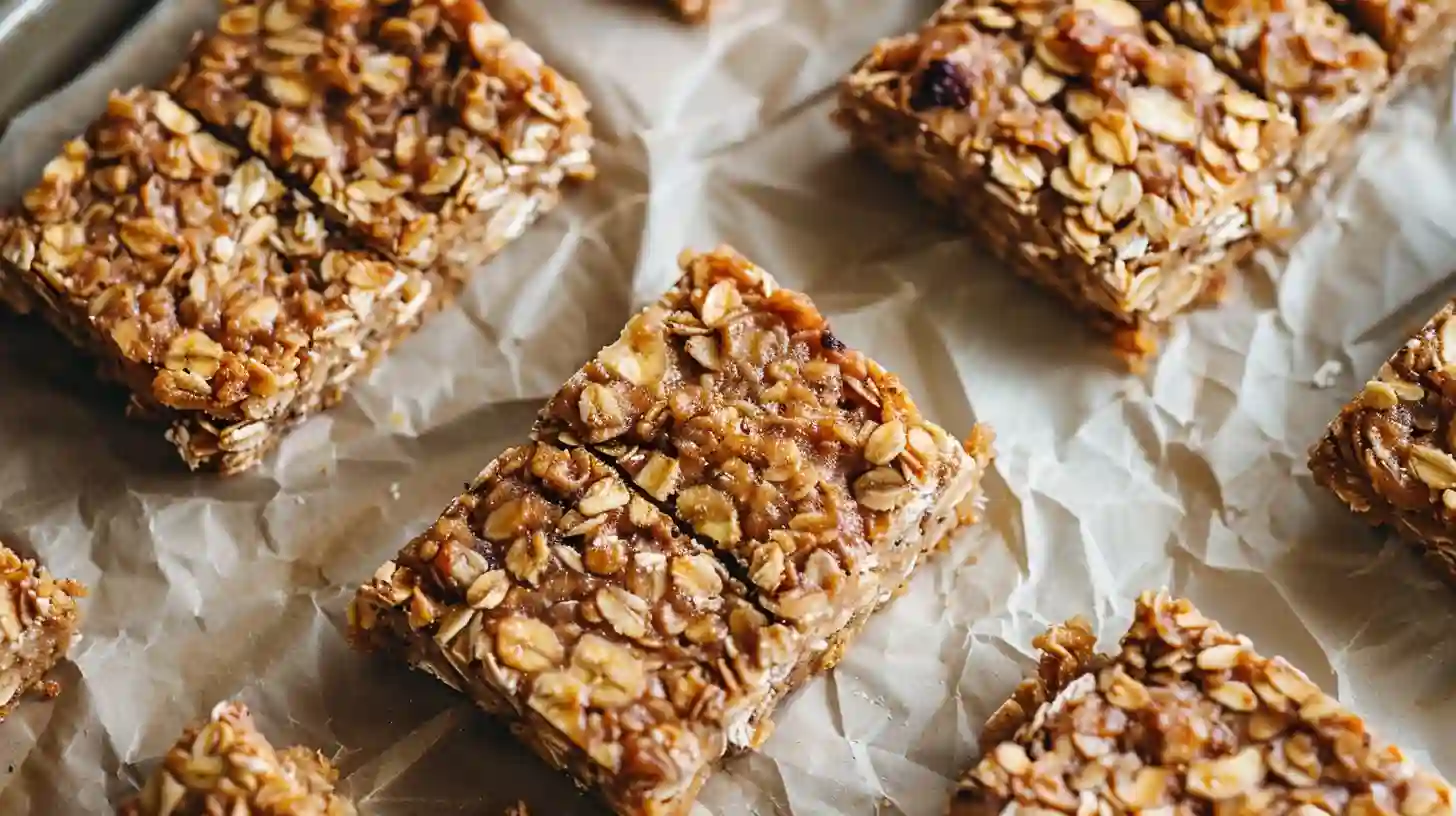 Sliced banana oatmeal bars laid out on crinkled paper for cooling
