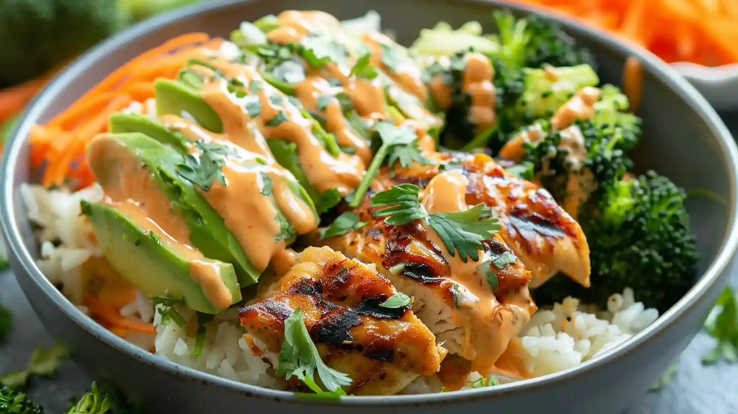 Bang Bang Chicken Bowl with avocado, grilled chicken, and spicy mayo